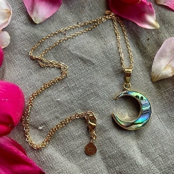 14K Gold Crescent Moon Abalone Necklace NEW - Picture 4 of 7